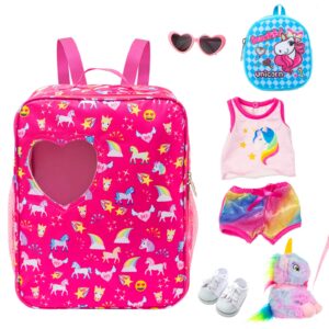 K.T.Fancy 7 PCS 18 inch Dolls Bag Carrier Set and Accessories Including 18 Inch Doll Clothes, Shoes, Sunglasses, Doll Backpack and Toy Unicorn (NO Doll)