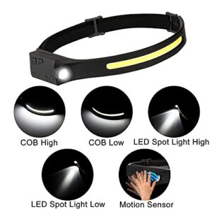 EGUKU Headlamp Flashlight, Rechargeable LED Headlamps 1200Lumens 2 COB 230°Wide Beam Headlight with Motion Sensor Bright 5 Modes Lightweight Waterproof Head Lamp for Outdoor Running, Camping Hiking