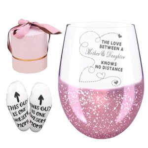 osci-fly mothers day gifts for mom from daughter, the love between a mother and daughter knows no distance handmade etched wine glass & best mom socks - long distance gifts to mom