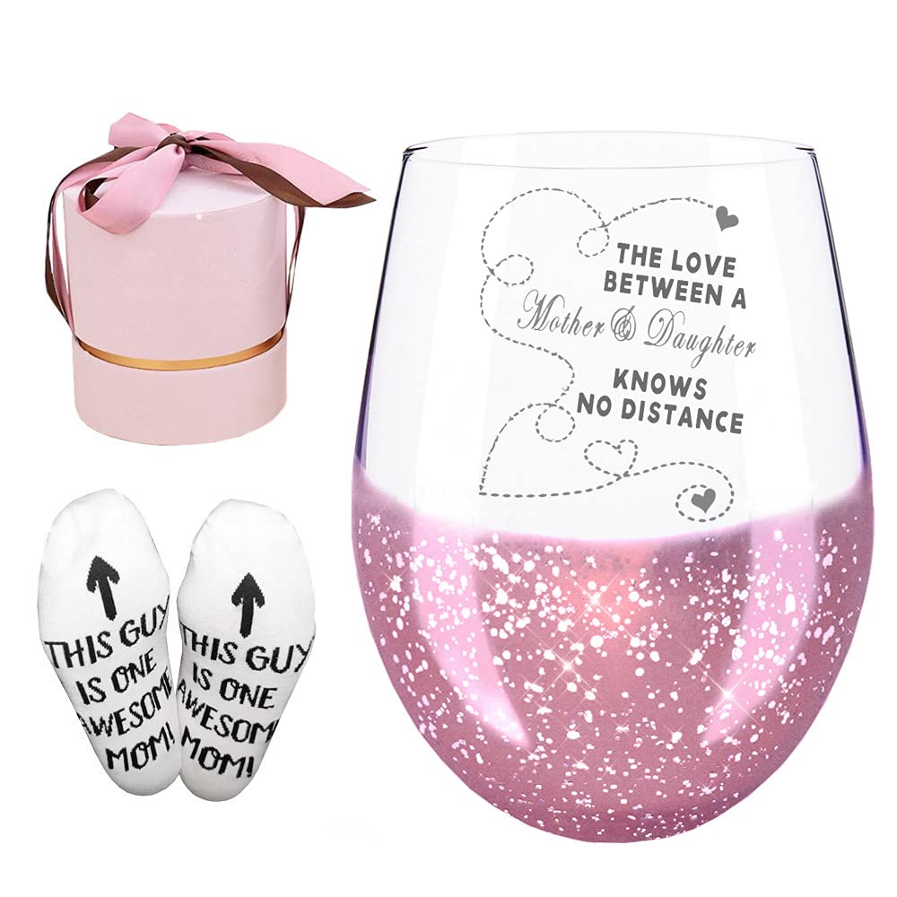 Osci-Fly Mothers Day Gifts for Mom from Daughter, The Love Between a Mother and Daughter Knows No Distance Handmade Etched Wine Glass & Best Mom Socks - Long Distance Gifts to Mom