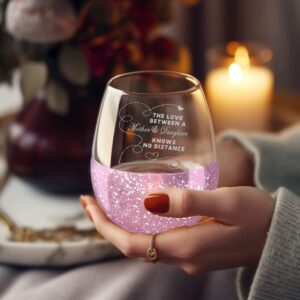 Osci-Fly Mothers Day Gifts for Mom from Daughter, The Love Between a Mother and Daughter Knows No Distance Handmade Etched Wine Glass & Best Mom Socks - Long Distance Gifts to Mom