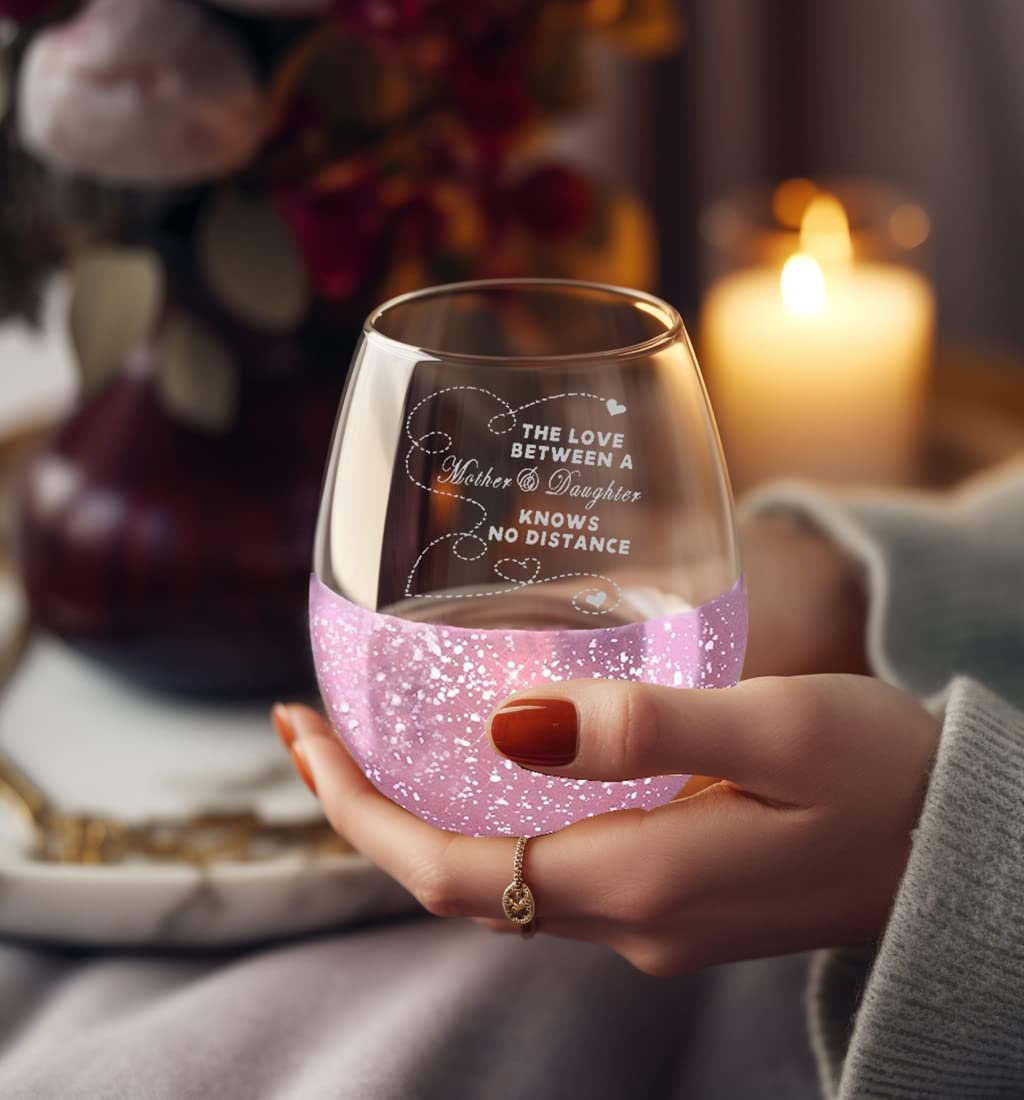 Osci-Fly Mothers Day Gifts for Mom from Daughter, The Love Between a Mother and Daughter Knows No Distance Handmade Etched Wine Glass & Best Mom Socks - Long Distance Gifts to Mom