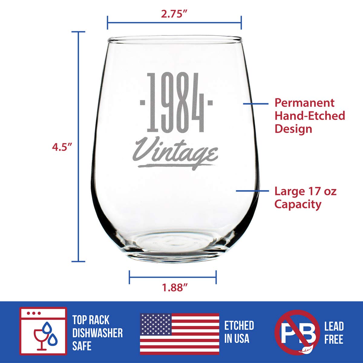 Vintage 1984-40th Birthday Stemless Wine Glass Gifts for Women & Men Turning 40 - Bday Party Decor - Large Glasses