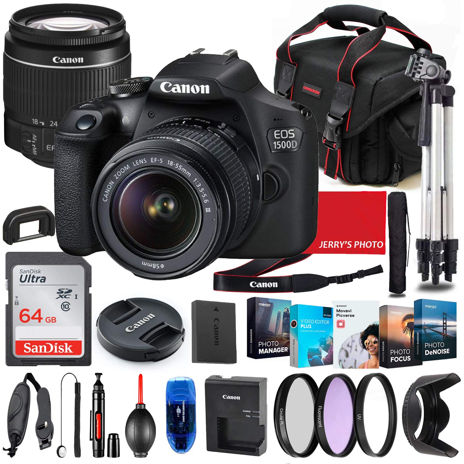 Canon EOS 1500D (Rebel T7) DSLR Camera with 18-55mm Lens Bundle + Premium Accessory Bundle Including 64GB Memory, Filters, Photo/Video Software Package, Shoulder Bag & More