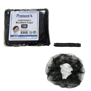 ProtectX 100-Pack Black Disposable Hair Nets, Elastic Head Cover, Bouffant Caps, Sanitation Head Cover for Food Service, Spa Men & Women - 21 inch