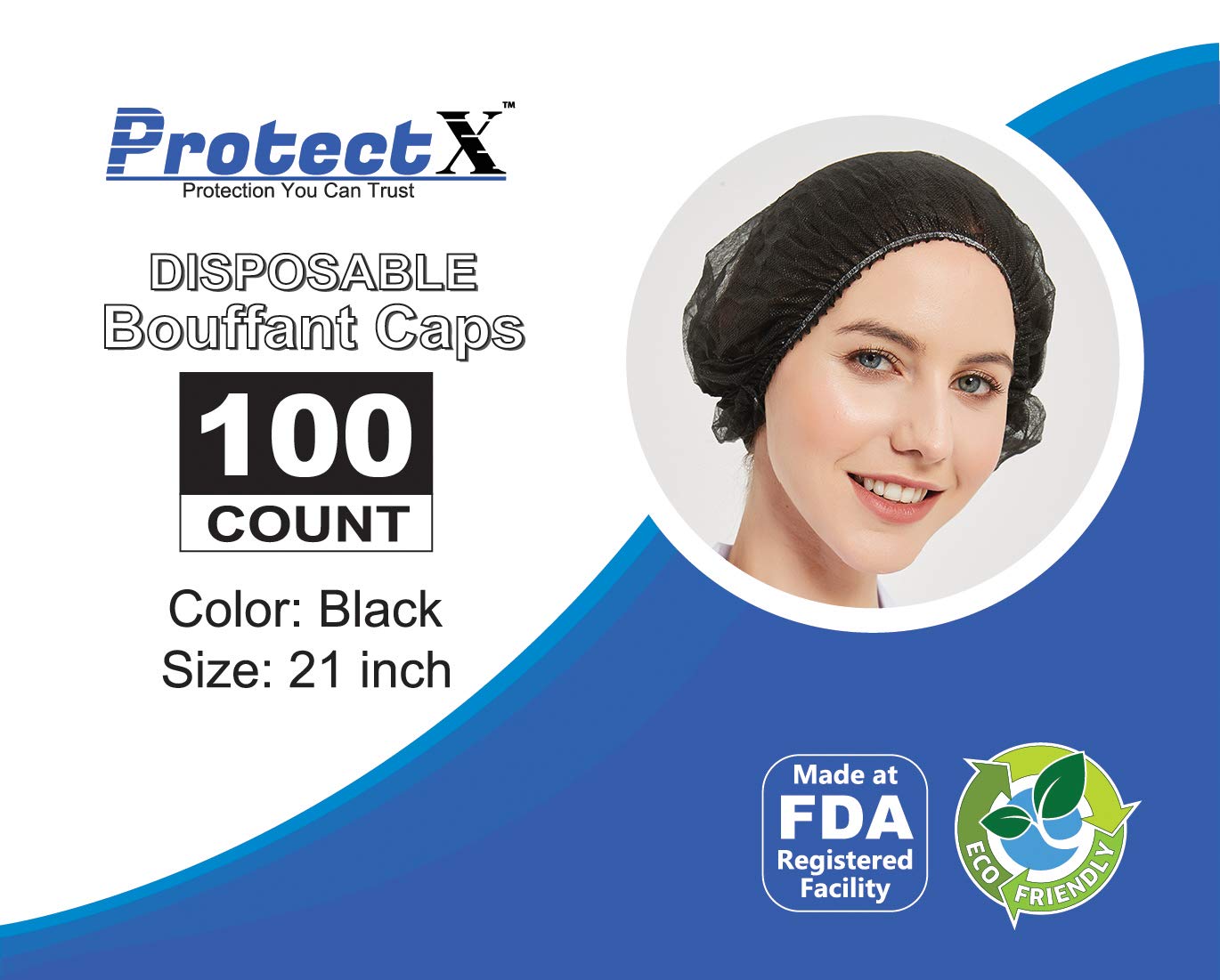 ProtectX 100-Pack Black Disposable Hair Nets, Elastic Head Cover, Bouffant Caps, Sanitation Head Cover for Food Service, Spa Men & Women - 21 inch