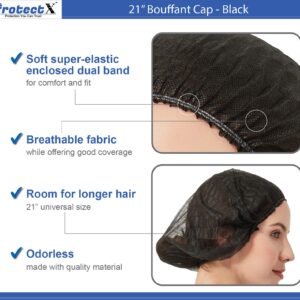 ProtectX 100-Pack Black Disposable Hair Nets, Elastic Head Cover, Bouffant Caps, Sanitation Head Cover for Food Service, Spa Men & Women - 21 inch