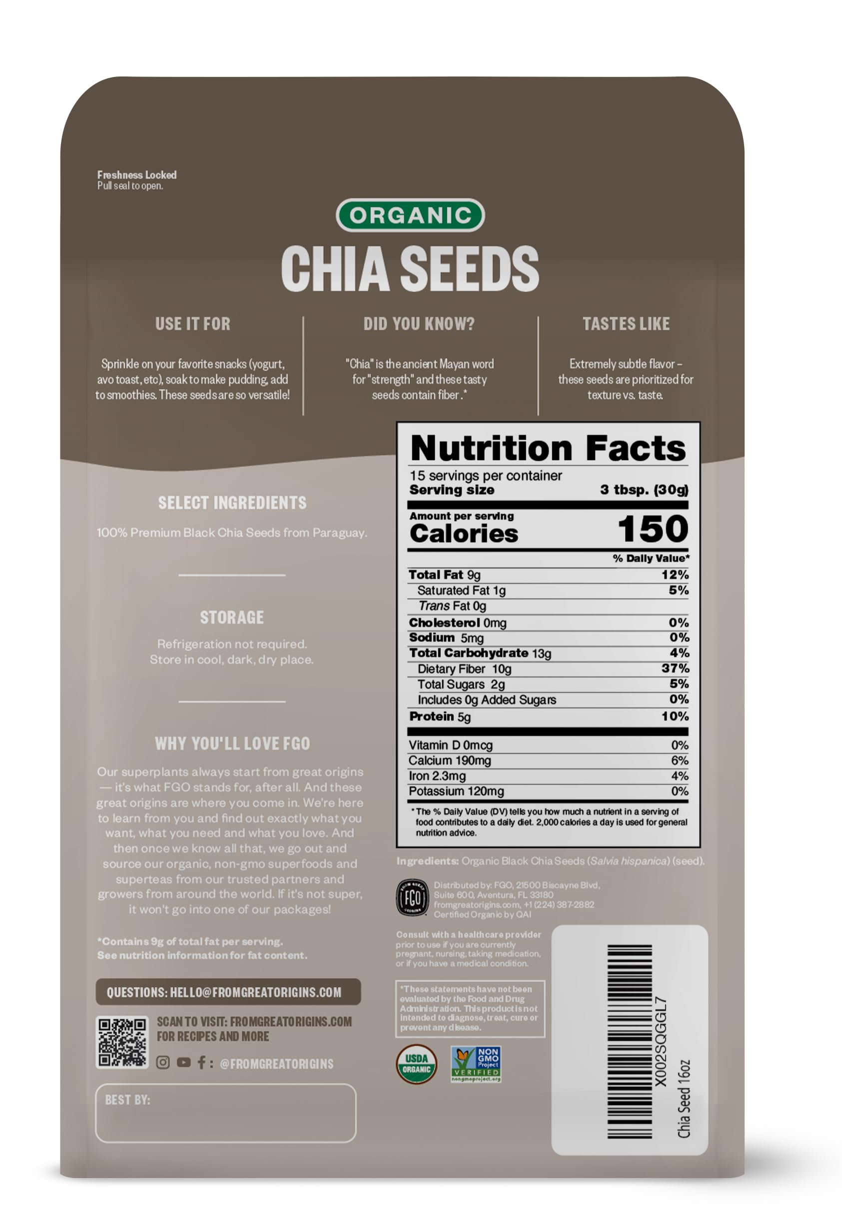 FGO Organic Chia Seeds, Sourced from Paraguay, 16oz, Packaging May Vary (Pack of 1)