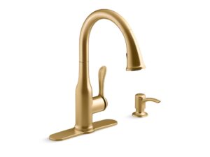 kohler rec23863-sd-2mb motif kitchen faucet with pull down sprayer and soap dispenser, kitchen sink faucet in vibrant brushed moderne brass