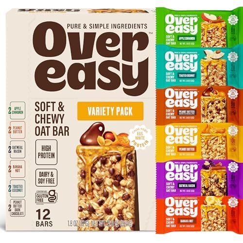 OVER EASY Soft and Chewy Oatmeal Breakfast Bars - Granola and Protein Bars -12 Energy Snack Bars - Clean, Organic, Gluten Free, Dairy Free, Soy Free and Kosher (Variety Pack, 12 Count)…