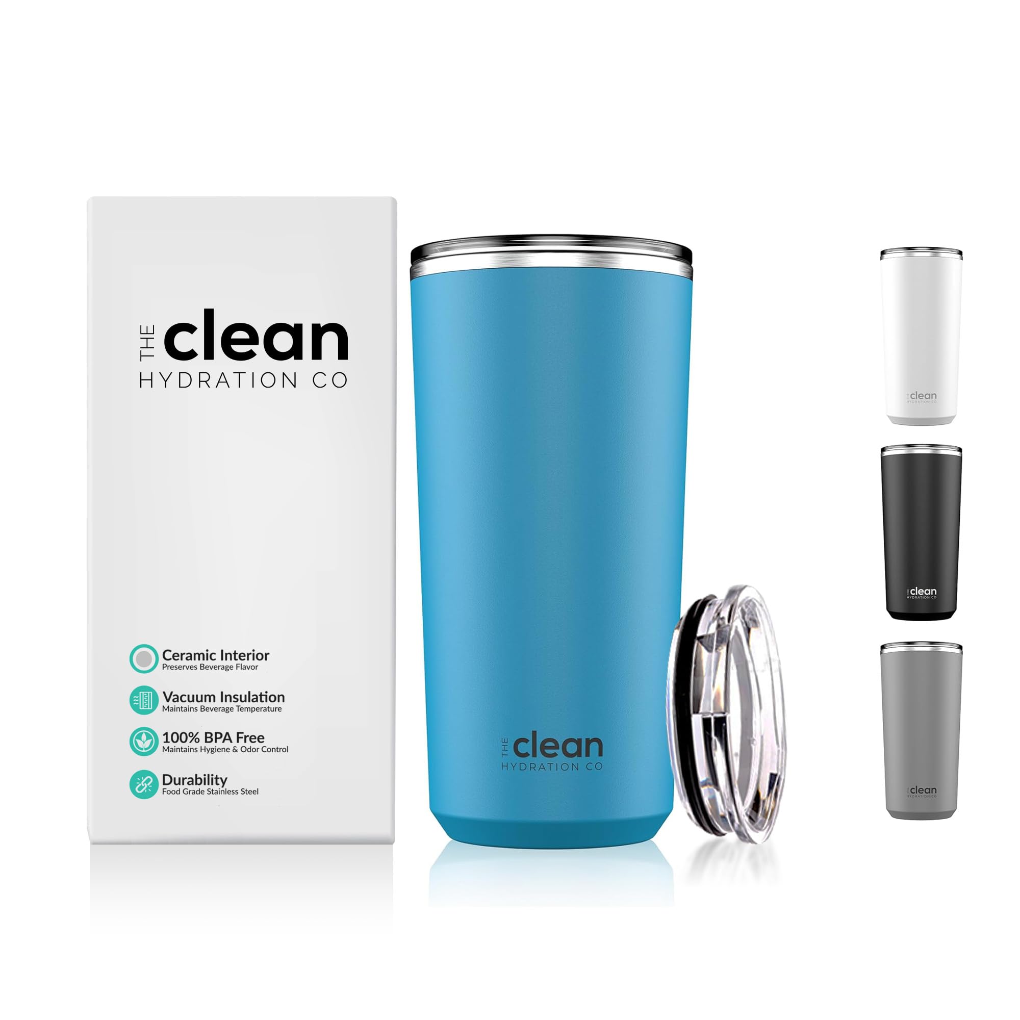 The Clean Hydration Co Insulated Stainless Steel Travel Mug Cup | Double Wall Ceramic Tumbler | No Metal Taste in Coffee Tumbler 20 Oz | Aqua