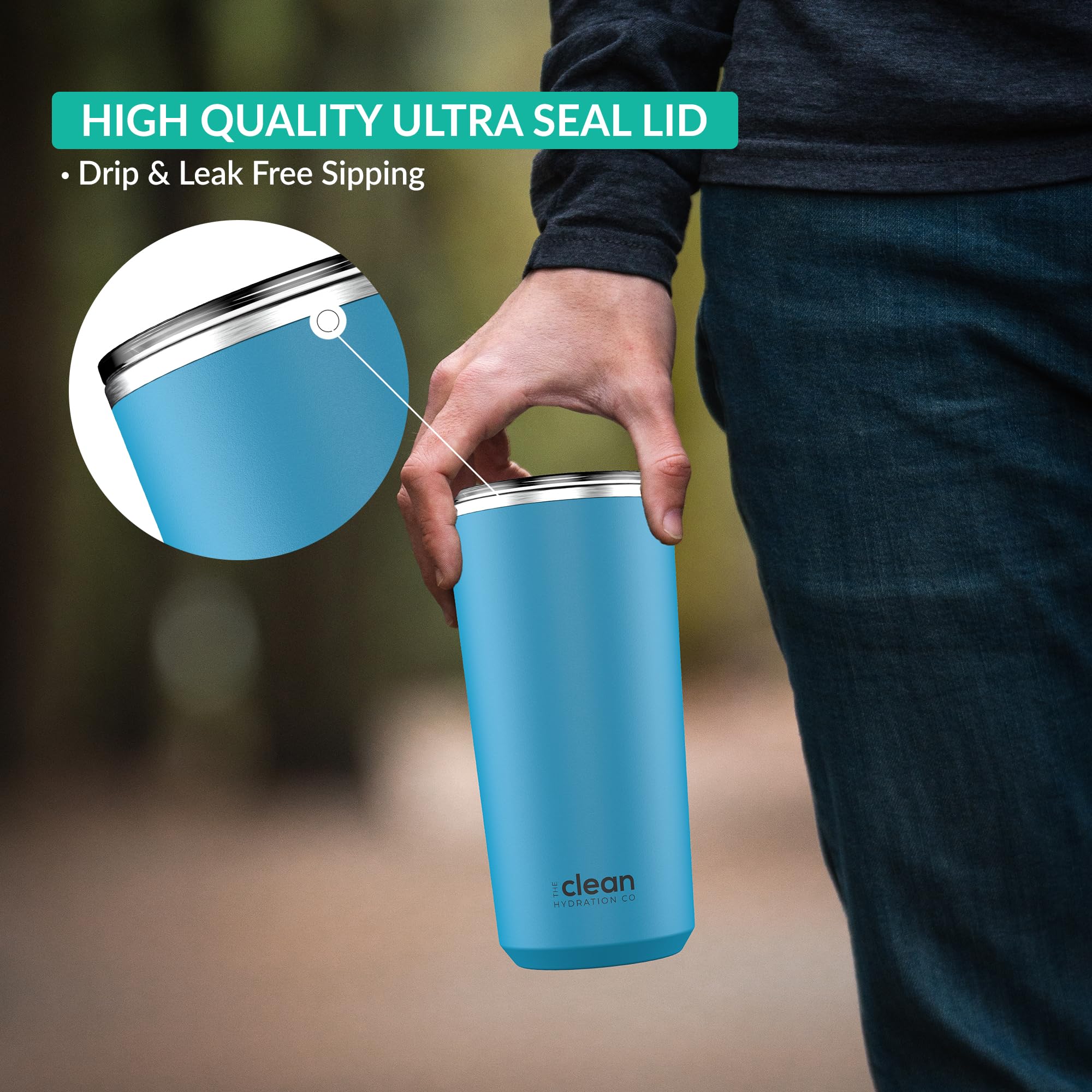 The Clean Hydration Co Insulated Stainless Steel Travel Mug Cup | Double Wall Ceramic Tumbler | No Metal Taste in Coffee Tumbler 20 Oz | Aqua