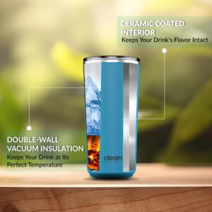 The Clean Hydration Co Insulated Stainless Steel Travel Mug Cup | Double Wall Ceramic Tumbler | No Metal Taste in Coffee Tumbler 20 Oz | Aqua