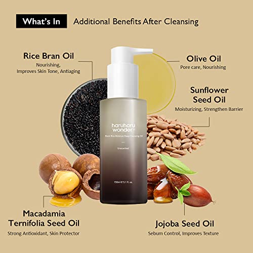 HARUHARU Wonder Black Rice Moisture Cleansing Oil 5.1 fl.oz / 150ml | Korean Facial Cleanser, Makeup Remover | Vegan, Cruelty Free | Jojoba Seed Oil, Macadamia Seed Oil