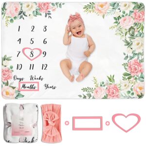 baby monthly milestone blanket - personalized newborn growth chart - customized soft fleece photography background - includes premium heart, frame and pink bow headband. 60" x 40"