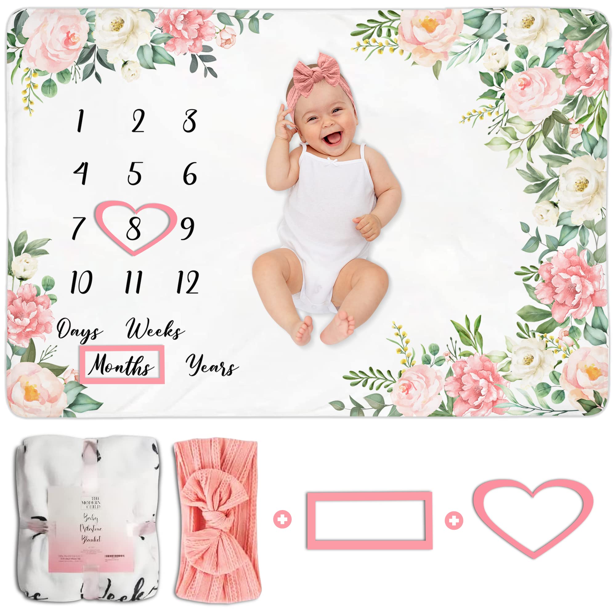 Baby Monthly Milestone Blanket - Personalized Newborn Growth Chart - Customized Soft Fleece Photography Background - Includes Premium Heart, Frame and Pink Bow Headband. 60" X 40"