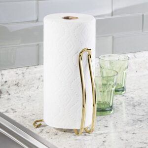 mDesign Modern Metal Vertical Paper Towel Holder Stand and Dispenser, Fits Standard and Jumbo-Sized Rolls for Kitchen Countertop, Pantry, Laundry/Utility Room, Garage Storage - Soft Brass
