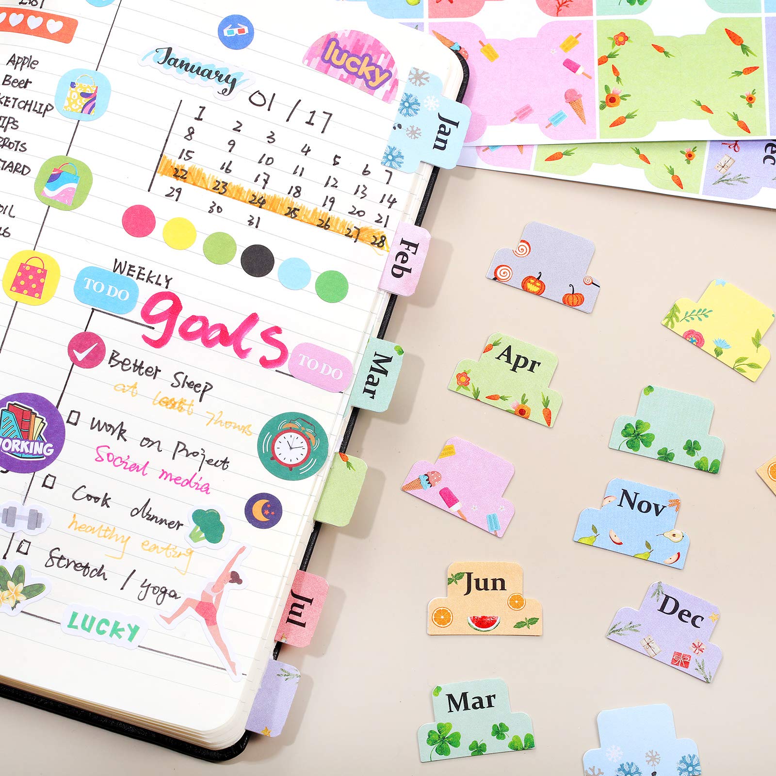 48 Pieces Adhesive Monthly Tabs Planner Stickers, 24 Month Tabs and 24 Blank Tabs Colorful Decorative Monthly Index Tab for Office School Study Planner Stickers and Accessories Journal Organization