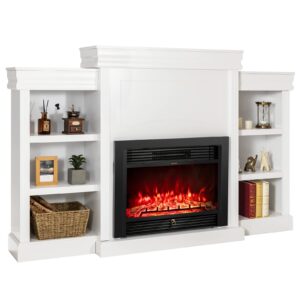 tangkula 70 inches mantel fireplace, 750w/1500w electric fireplace w/mantel & built-in bookshelves, 28.5-inch electric fireplace w/remote, 1-8h timer, adjustable flame brightness & color (white)