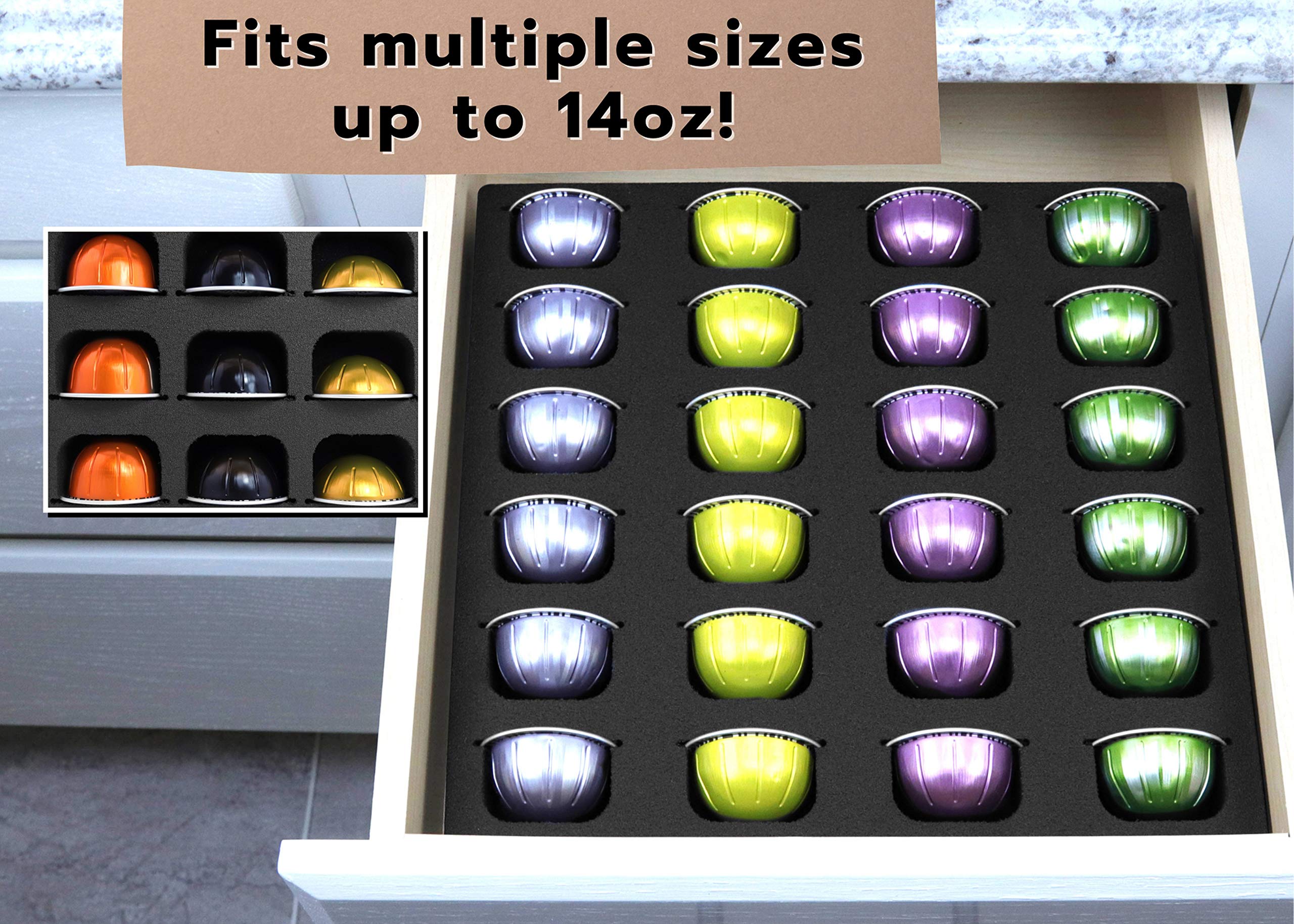 Polar Whale 2 Coffee Espresso Capsule Drawer Organizer Tray Inserts Compatible with Nespresso Vertuo VertuoLine Kitchen Home Office Waterproof Washable Black Foam 24 Compartment 12.5 x 12.5 Inches