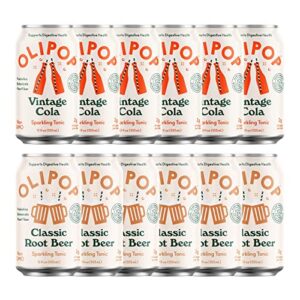 olipop - old school classics, vintage cola & root beer, classic soda variety pack, healthy soda, prebiotic soft drink, aids digestive health, 9g of plant fiber, low calorie, low sugar (12 oz, 12-pack)