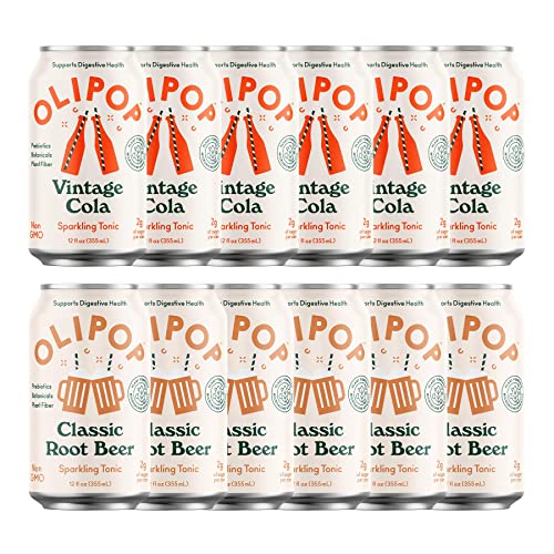 OLIPOP - Old School Classics, Vintage Cola & Root Beer, Classic Soda Variety Pack, Healthy Soda, Prebiotic Soft Drink, Aids Digestive Health, 9g of Plant Fiber, Low Calorie, Low Sugar (12 oz, 12-Pack)