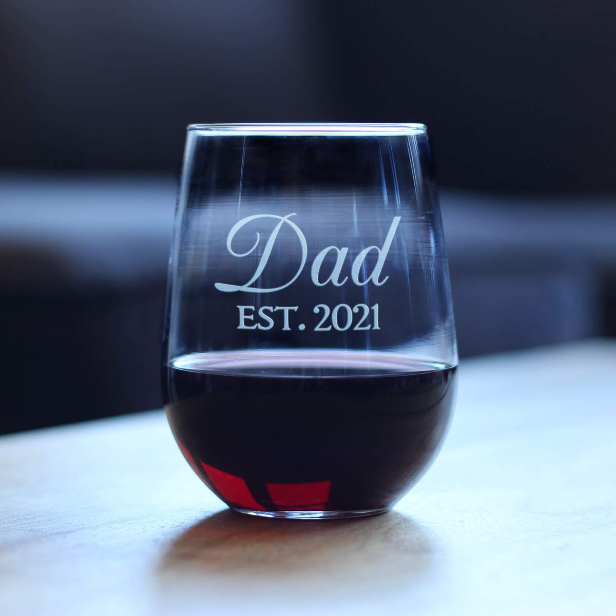 Dad Est 2021 - New Father Stemless Wine Glass Gift for First Time Parents - Decorative 17 Oz Large Glasses