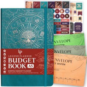 legend budget book - personal finance planner - undated monthly journal for budgeting, saving money & bill organizer, a5 (dark teal)