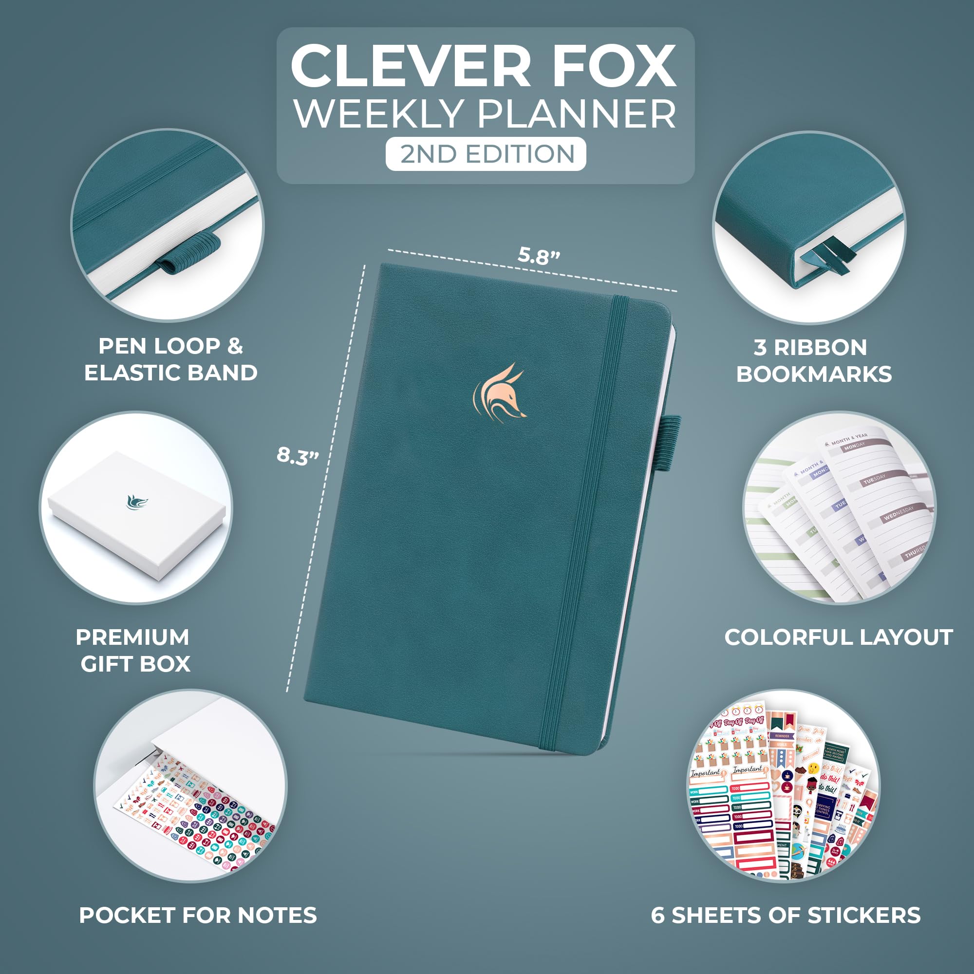 Clever Fox Planner 2nd Edition – Colorful Weekly & Monthly Goal Planner, Time Management & Productivity Organizer, Undated, A5 (Dark Teal)