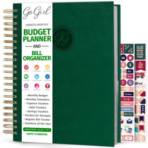 gogirl budget planner & monthly bill organizer – monthly financial book with pockets. expense tracker notebook journal, large (dark green)