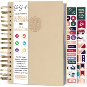 gogirl budget planner & monthly bill organizer – monthly financial book with pockets. expense tracker notebook journal, compact (seashell)