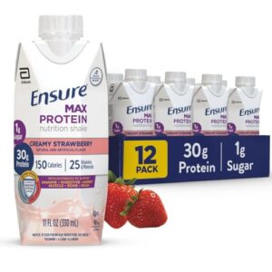 ensure max protein nutrition shake with 30g of protein, 1g of sugar, high protein shake, creamy strawberry, 11 fl oz, (pack of 12)