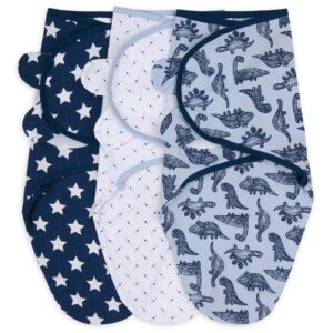 the peanutshell baby swaddle blankets for boys or girls, blue dinosaur & stars, 3 pack wrap set, 2 sizes (small/medium)