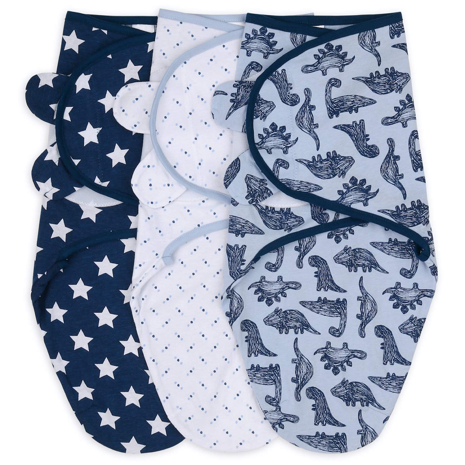 The Peanutshell Baby Swaddle Blankets for Boys or Girls, Blue Dinosaur & Stars, 3 Pack Wrap Set, 2 Sizes (Small/Medium)