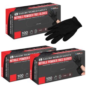 salon world safety black nitrile disposable gloves, 3 boxes of 100, size large, 5.0 mil - latex free, textured, food safe
