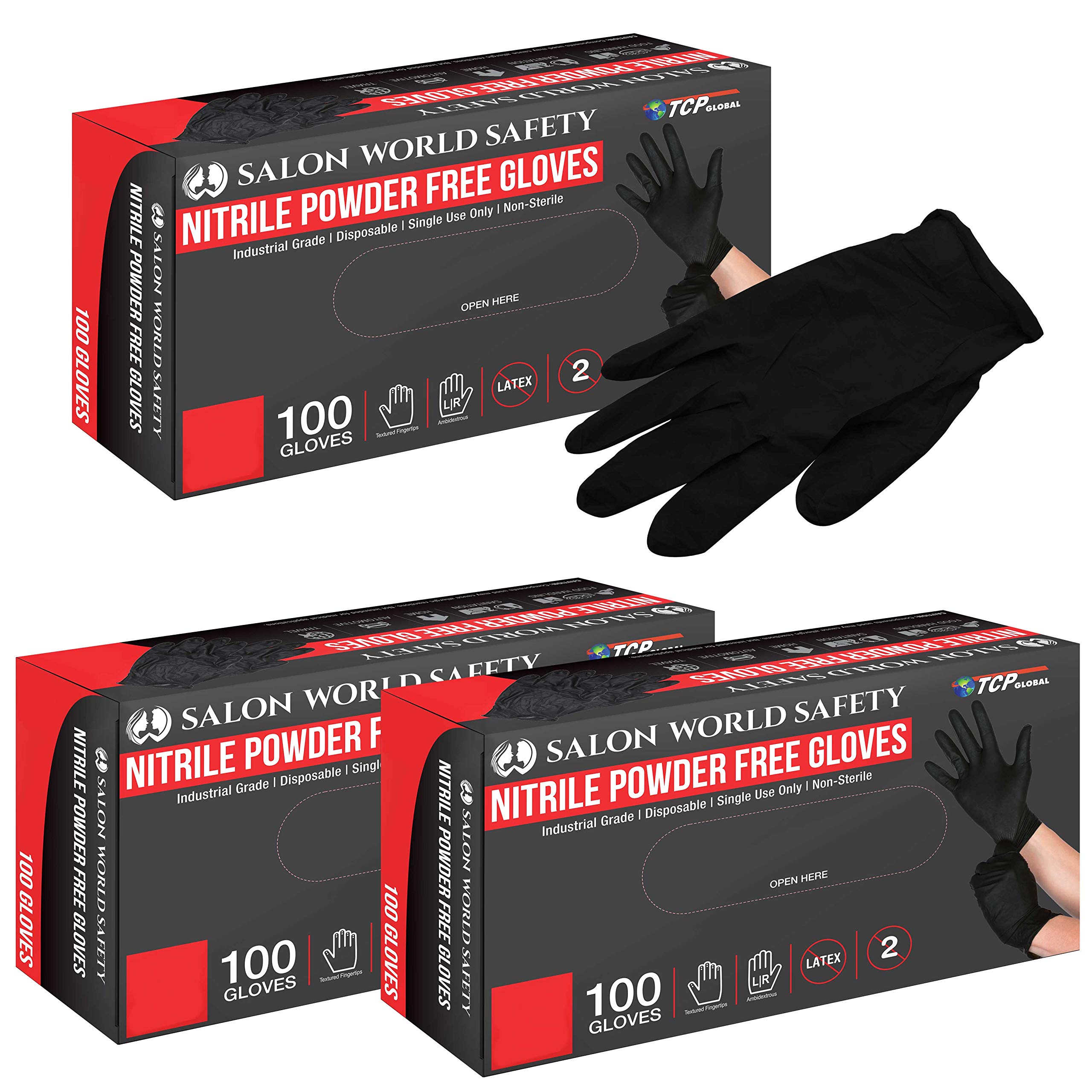 Salon World Safety Black Nitrile Disposable Gloves, 3 Boxes of 100, Size Large, 5.0 Mil - Latex Free, Textured, Food Safe