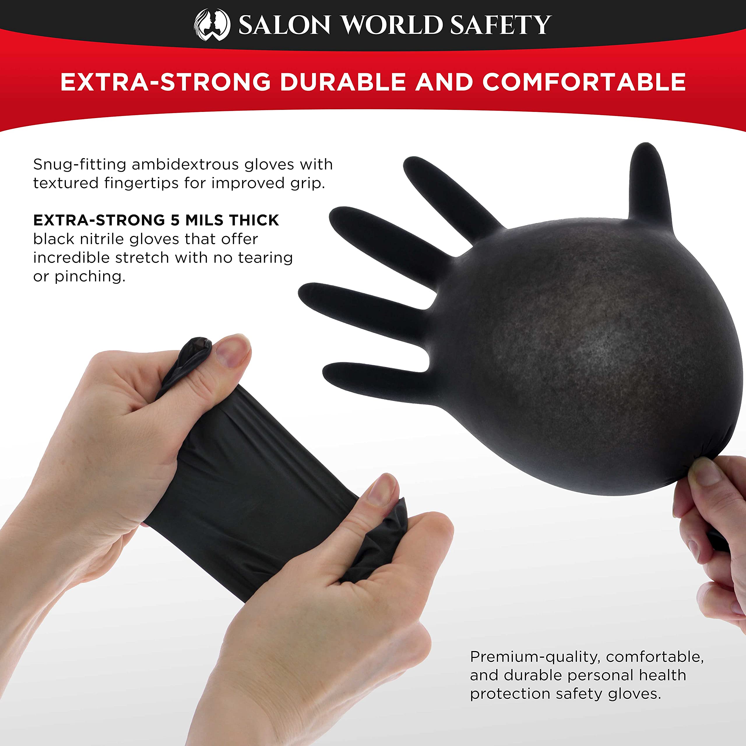 Salon World Safety Black Nitrile Disposable Gloves, 3 Boxes of 100, Size Large, 5.0 Mil - Latex Free, Textured, Food Safe