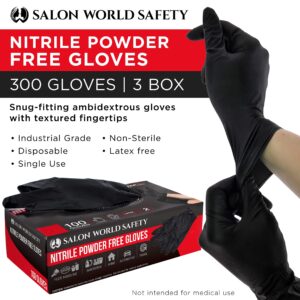 Salon World Safety Black Nitrile Disposable Gloves, 3 Boxes of 100, Size Large, 5.0 Mil - Latex Free, Textured, Food Safe