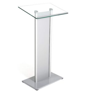 m&t displays tempered clear glass conference podium stand with aluminum front panel silver aluminum body and base 43.9 inch height floor standing lectern pulpit desk for classroom church