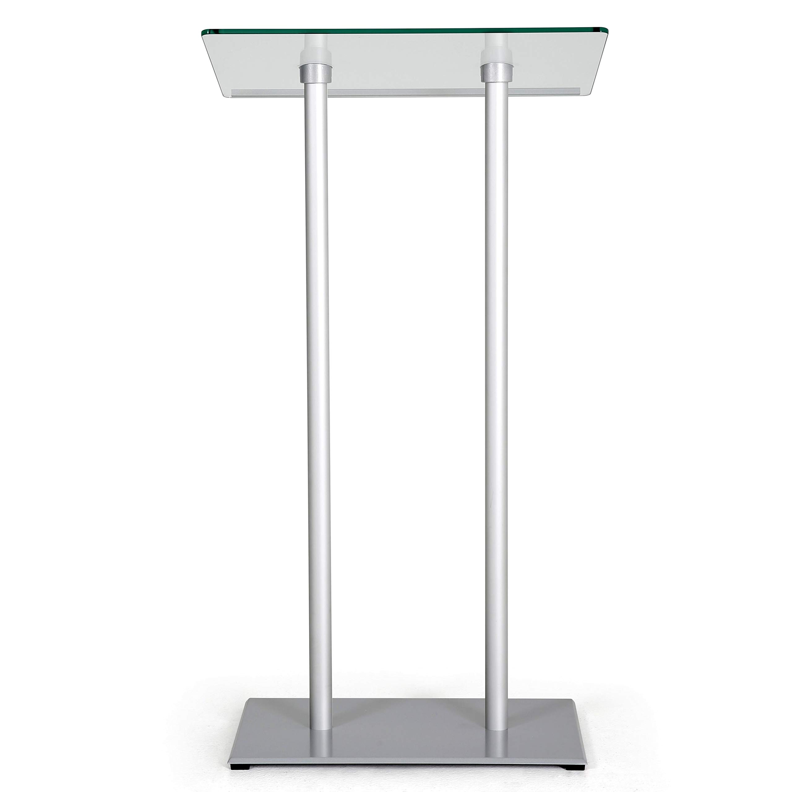 M&T Displays Tempered Clear Glass Conference Podium Stand Silver Aluminum Body and Base 43.9 Inch Height Floor Standing Lectern Pulpit Desk for Classroom Church