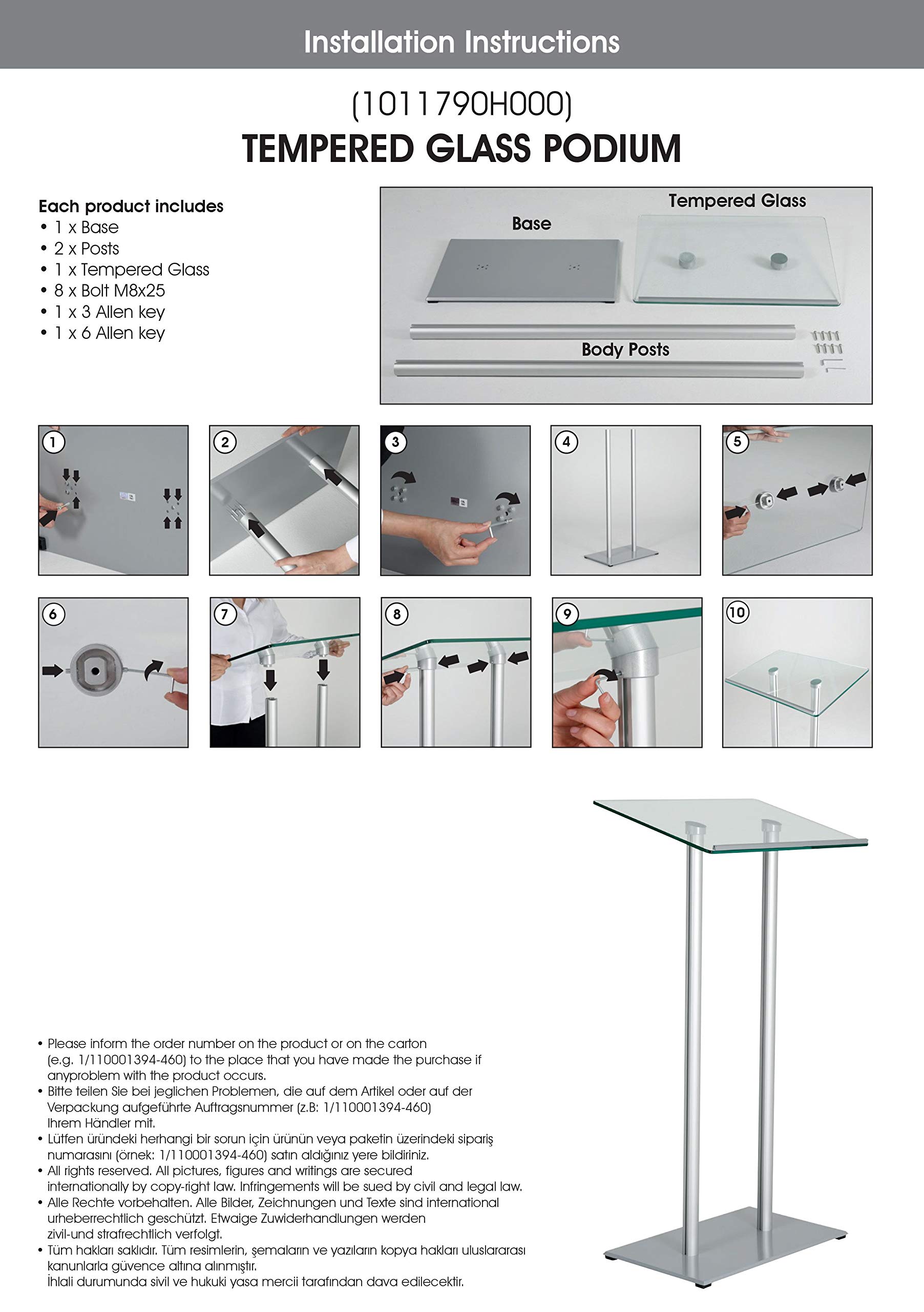 M&T Displays Tempered Clear Glass Conference Podium Stand Silver Aluminum Body and Base 43.9 Inch Height Floor Standing Lectern Pulpit Desk for Classroom Church