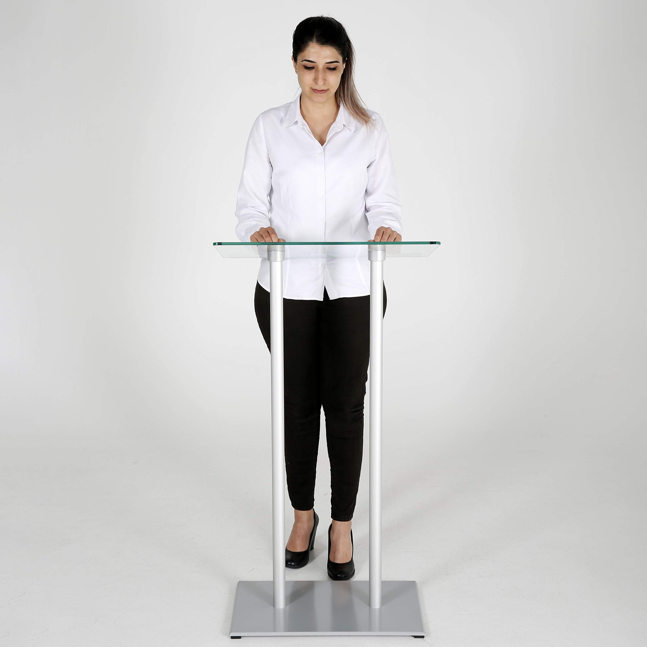 M&T Displays Tempered Clear Glass Conference Podium Stand Silver Aluminum Body and Base 43.9 Inch Height Floor Standing Lectern Pulpit Desk for Classroom Church