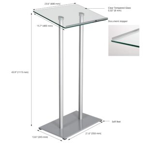 M&T Displays Tempered Clear Glass Conference Podium Stand Silver Aluminum Body and Base 43.9 Inch Height Floor Standing Lectern Pulpit Desk for Classroom Church