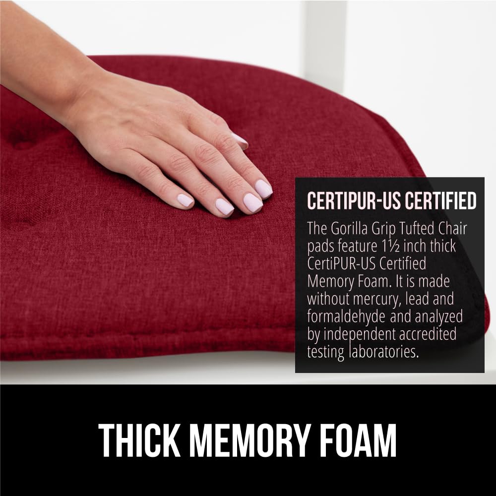 Gorilla Grip Tufted Memory Foam Chair Cushions, Set of 4 Comfortable Pads for Dining Room, Slip Resistant Backing, Washable Kitchen Table, Office Chairs, Computer Desk Seat Pad Cushion, 16x17 Wine