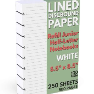 Discbound Half-Letter Size Lined Paper Refill, 250 Sheets (500 Pages), 5.5 in. x 8.5 in., 100 GSM, Junior Size 8 Disc Notebooks
