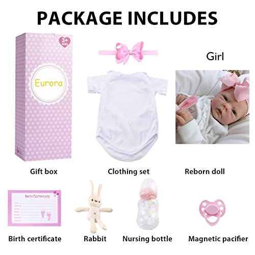 EURORA Reborn Baby Dolls Girl 18 Inch Vinyl Silicone Body, Sweet Girl Reborn Baby Dolls with Clothes and Bottles Gift for Kids Age 3+