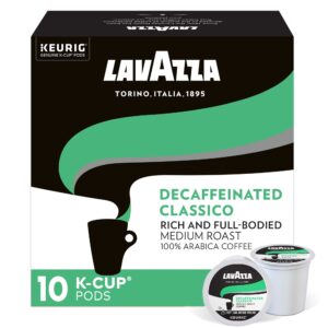 lavazza classico decaf single-serve coffee k-cups for keurig brewer, medium roast, 10 count box ,rich and full-bodied flavor delivers a uniquely intense aroma of dried fruits, 100% arabica coffees