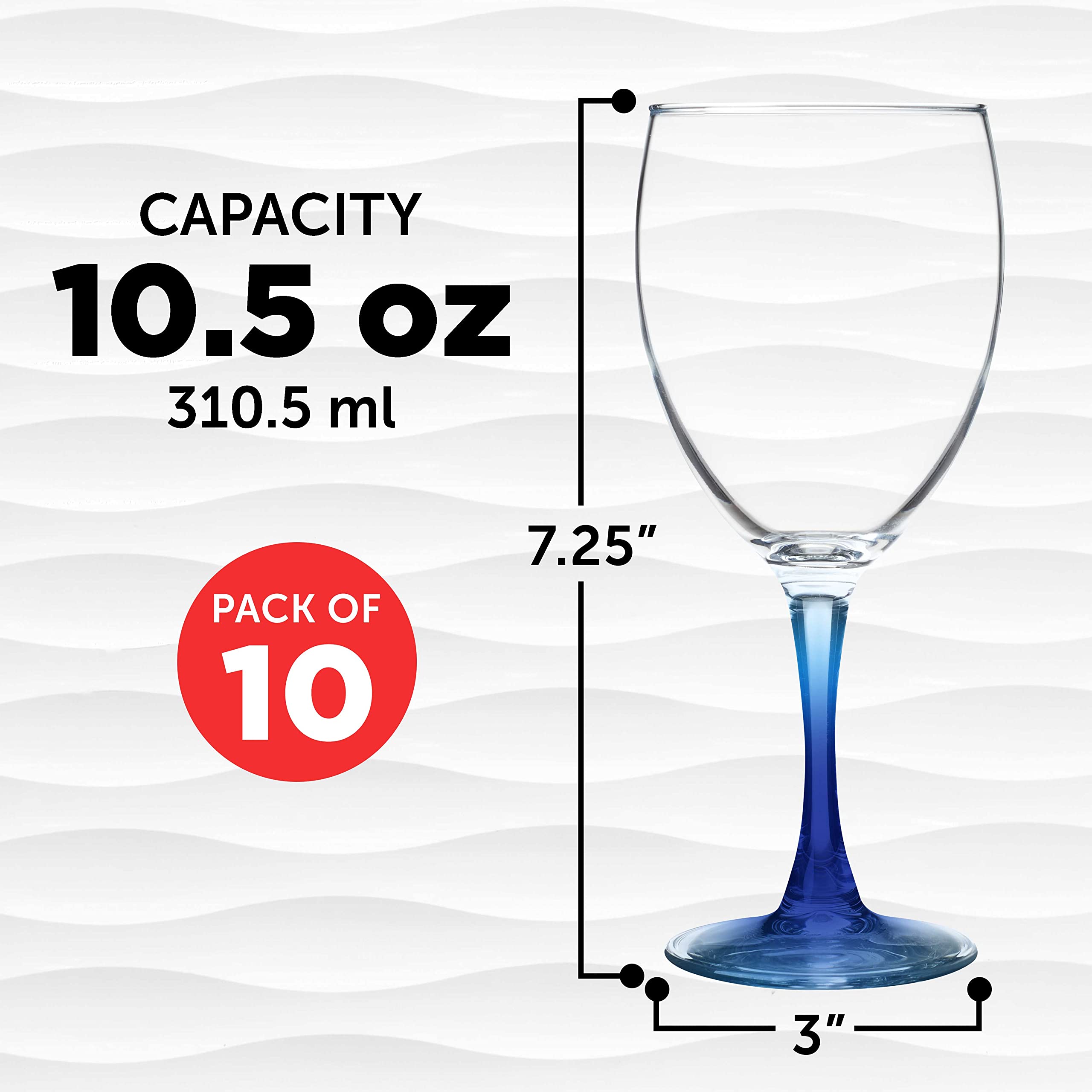 DISCOUNT PROMOS Nuance Wine Glasses by ARC 10.5 oz. Set of 10, Bulk Pack - Restaurant Glassware, Perfect for Red Wine, White Wine, Cocktails - Blue