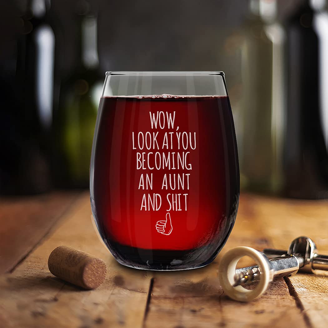 shop4ever® Wow, Look At You Becoming An Aunt Engraved Stemless Wine Glass Promoted to Aunt New Auntie (for Aunt)