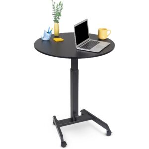 stand steady height adjustable round table & multifunctional mobile workstation | portable standing desk with pneumatic air lift | collaborative workspace for school & office | easy assembly (black)